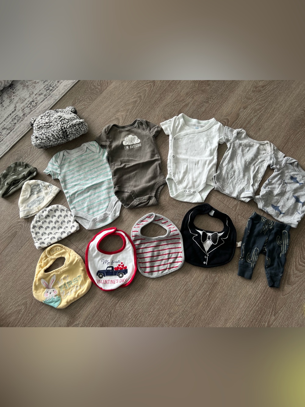 0-3 months onesies, hats and bibs bundle